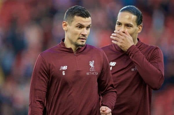 LIVERPOOL, ENGLAND - Tuesday, April 9, 2019: Liverpool's Dejan Lovren during the pre-match warm-up before the UEFA Champions League Quarter-Final 1st Leg match between Liverpool FC and FC Porto at Anfield. (Pic by David Rawcliffe/Propaganda)