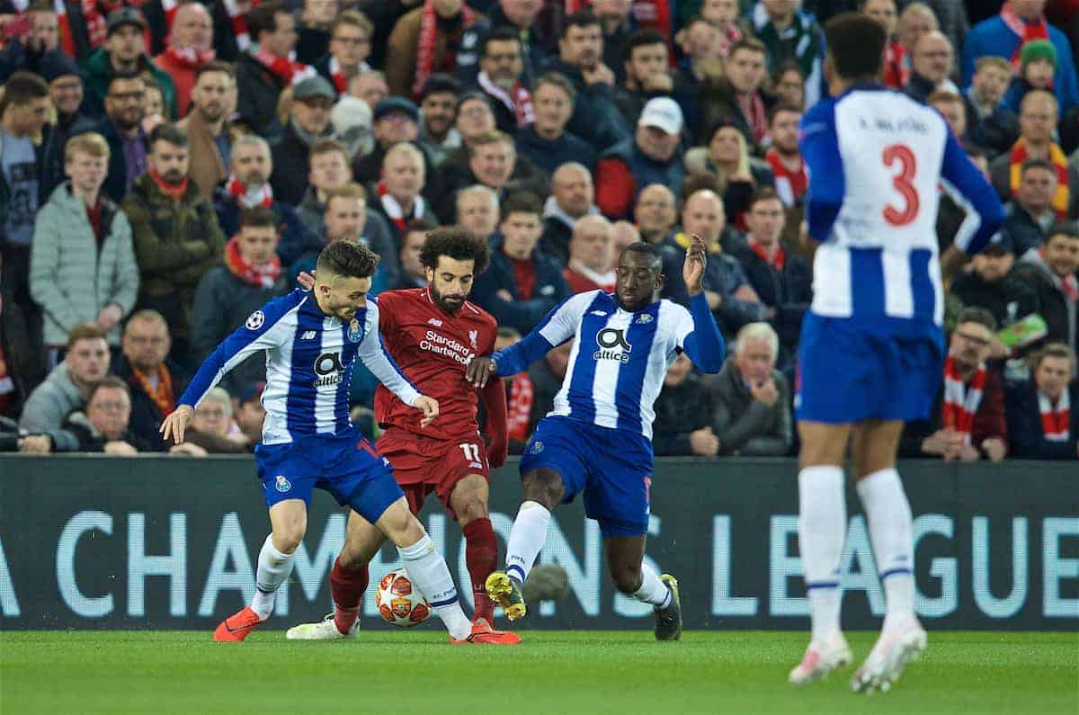 LIVERPOOL, ENGLAND - Tuesday, April 9, 2019: Liverpool's Mohamed Salah during the UEFA Champions League Quarter-Final 1st Leg match between Liverpool FC and FC Porto at Anfield. (Pic by David Rawcliffe/Propaganda)