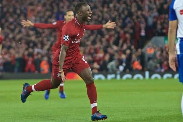 LIVERPOOL, ENGLAND - Tuesday, April 9, 2019: Liverpool's Naby Keita celebrates scoring the first goal during the UEFA Champions League Quarter-Final 1st Leg match between Liverpool FC and FC Porto at Anfield. (Pic by David Rawcliffe/Propaganda)