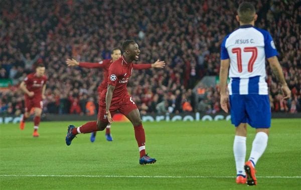 LIVERPOOL, ENGLAND - Tuesday, April 9, 2019: Liverpool's Naby Keita celebrates scoring the first goal during the UEFA Champions League Quarter-Final 1st Leg match between Liverpool FC and FC Porto at Anfield. (Pic by David Rawcliffe/Propaganda)