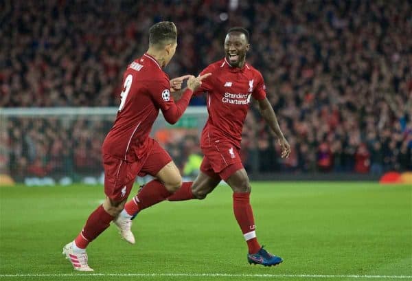 LIVERPOOL, ENGLAND - Tuesday, April 9, 2019: Liverpool's Naby Keita celebrates scoring the first goal with team-mate Roberto Firmino during the UEFA Champions League Quarter-Final 1st Leg match between Liverpool FC and FC Porto at Anfield. (Pic by David Rawcliffe/Propaganda)