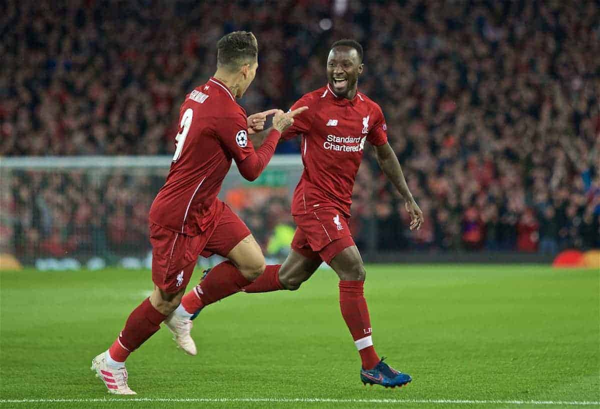 LIVERPOOL, ENGLAND - Tuesday, April 9, 2019: Liverpool's Naby Keita celebrates scoring the first goal with team-mate Roberto Firmino during the UEFA Champions League Quarter-Final 1st Leg match between Liverpool FC and FC Porto at Anfield. (Pic by David Rawcliffe/Propaganda)