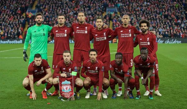 LIVERPOOL, ENGLAND - Tuesday, April 9, 2019: Liverpool's players line-up for a team group photograph before the UEFA Champions League Quarter-Final 1st Leg match between Liverpool FC and FC Porto at Anfield. Back row L-R: goalkeeper Alisson Becker, Dejan Lovren, Virgil van Dijk, Roberto Firmino, Joel Matip, Mohamed Salah. Front row L-R: James Milner, captain Jordan Henderson, Trent Alexander-Arnold, Naby Keita, Sadio Mane. (Pic by David Rawcliffe/Propaganda)