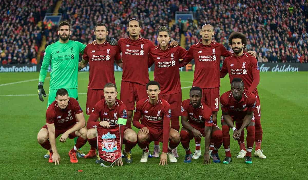 LIVERPOOL, ENGLAND - Tuesday, April 9, 2019: Liverpool's players line-up for a team group photograph before the UEFA Champions League Quarter-Final 1st Leg match between Liverpool FC and FC Porto at Anfield. Back row L-R: goalkeeper Alisson Becker, Dejan Lovren, Virgil van Dijk, Roberto Firmino, Joel Matip, Mohamed Salah. Front row L-R: James Milner, captain Jordan Henderson, Trent Alexander-Arnold, Naby Keita, Sadio Mane. (Pic by David Rawcliffe/Propaganda)