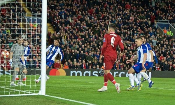 LIVERPOOL, ENGLAND - Tuesday, April 9, 2019: Liverpool's Roberto Firmino scores the second goal during the UEFA Champions League Quarter-Final 1st Leg match between Liverpool FC and FC Porto at Anfield. (Pic by David Rawcliffe/Propaganda)