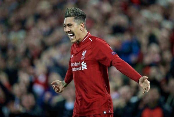 LIVERPOOL, ENGLAND - 2019 년 4 월 9 일 화요일 : 리버풀의 로베르토 파르 미노 (Liverpool 's Roberto Firmino)는 리버풀 FC와 안필드 FC 포르투 간의 UEFA 챔피언스 리그 8 강 1 차전 경기에서 두 번째 골을 득점했다.  (David Rawcliffe / Propaganda의 그림)