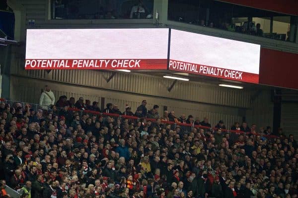 LIVERPOOL, ENGLAND - Tuesday, April 9, 2019: The VAR check for a potential penalty is broadcast on the scoreboard during the UEFA Champions League Quarter-Final 1st Leg match between Liverpool FC and FC Porto at Anfield. (Pic by David Rawcliffe/Propaganda)