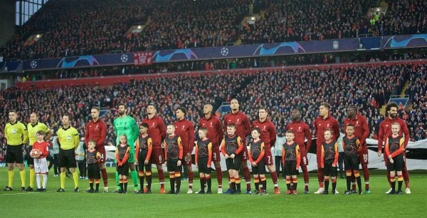 LIVERPOOL, ENGLAND - Tuesday, April 9, 2019: Liverpool players line-up before the UEFA Champions League Quarter-Final 1st Leg match between Liverpool FC and FC Porto at Anfield. (Pic by David Rawcliffe/Propaganda)