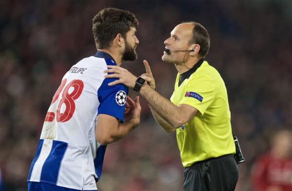 LIVERPOOL, ENGLAND - Tuesday, April 9, 2019: FC Porto's Felipe Augusto de Almeida Monteiro speaks with the referee Antonio Mateu Lahoz during the UEFA Champions League Quarter-Final 1st Leg match between Liverpool FC and FC Porto at Anfield. (Pic by David Rawcliffe/Propaganda)