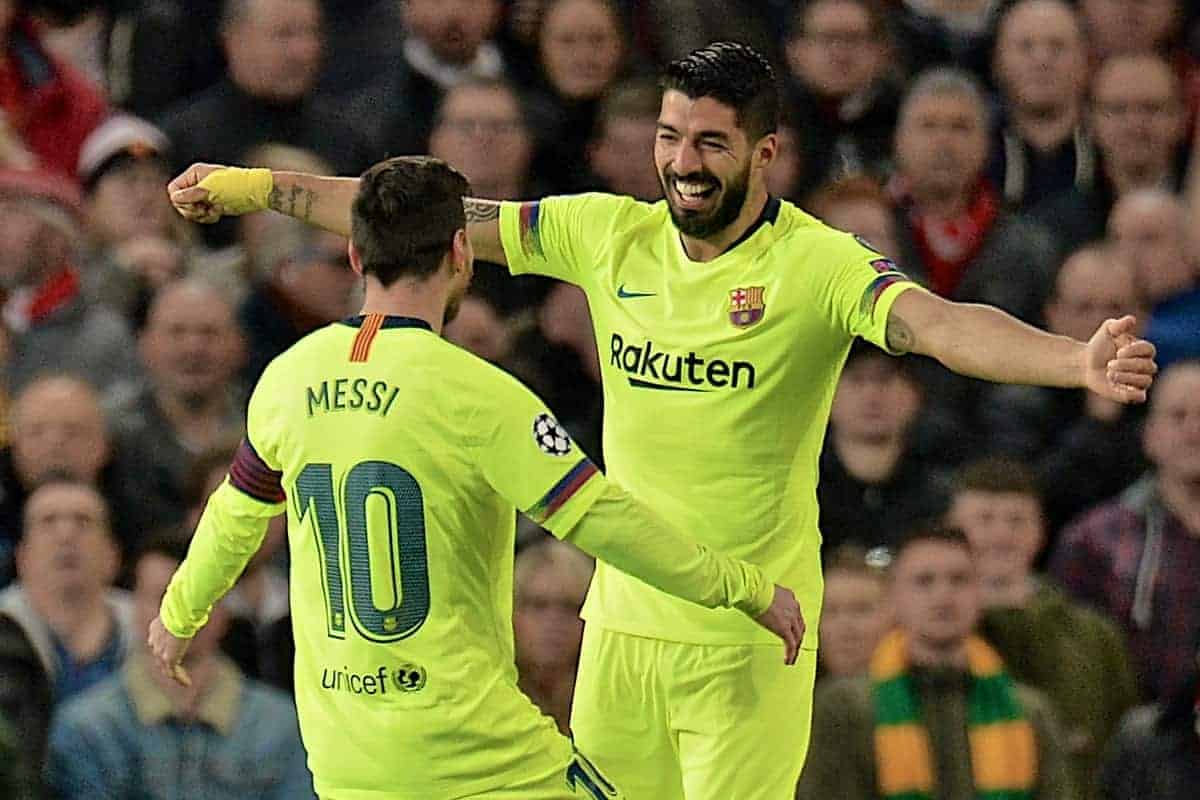 MANCHESTER, ENGLAND - Thursday, April 11, 2019: Barcelona's Luis Alberto Suarez Diaz celebrates with team-mate captain Lionel Messi after the only goal of the game, a Manchester United own-goal, during the UEFA Champions League Quarter-Final 1st Leg match between Manchester United FC and FC Barcelona at Old Trafford. Barcelona won 1-0. (Pic by David Rawcliffe/Propaganda)