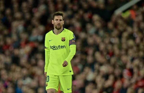 MANCHESTER, ENGLAND - Thursday, April 11, 2019: Barcelona's captain Lionel Messi during the UEFA Champions League Quarter-Final 1st Leg match between Manchester United FC and FC Barcelona at Old Trafford. Barcelona won 1-0. (Pic by David Rawcliffe/Propaganda)