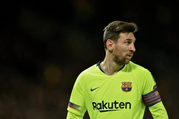 MANCHESTER, ENGLAND - Thursday, April 11, 2019: Barcelona's captain Lionel Messi, with a cut to his nose, during the UEFA Champions League Quarter-Final 1st Leg match between Manchester United FC and FC Barcelona at Old Trafford. Barcelona won 1-0. (Pic by David Rawcliffe/Propaganda)