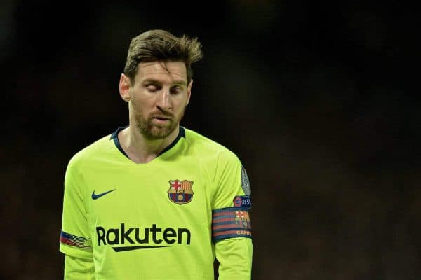 MANCHESTER, ENGLAND - Thursday, April 11, 2019: Barcelona's captain Lionel Messi, with a cut to his nose, during the UEFA Champions League Quarter-Final 1st Leg match between Manchester United FC and FC Barcelona at Old Trafford. Barcelona won 1-0. (Pic by David Rawcliffe/Propaganda)