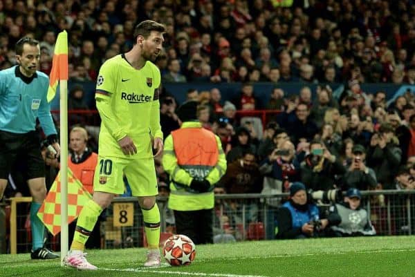 MANCHESTER, ENGLAND - Thursday, April 11, 2019: Barcelona's captain Lionel Messi prepares to take a corner-kick during the UEFA Champions League Quarter-Final 1st Leg match between Manchester United FC and FC Barcelona at Old Trafford. Barcelona won 1-0. (Pic by David Rawcliffe/Propaganda)