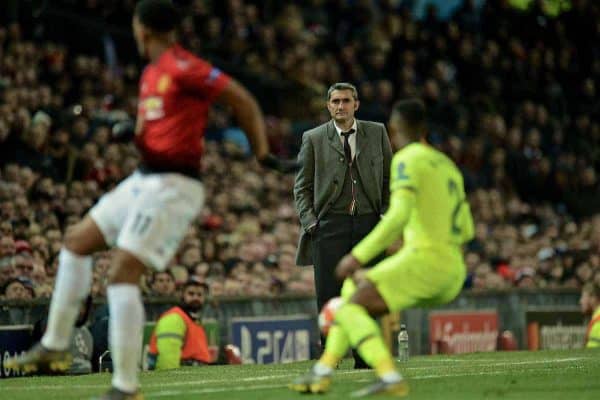 MANCHESTER, ENGLAND - Thursday, April 11, 2019: Barcelonas head coach Ernesto Valverde during the UEFA Champions League Quarter-Final 1st Leg match between Manchester United FC and FC Barcelona at Old Trafford. Barcelona won 1-0. (Pic by David Rawcliffe/Propaganda)
