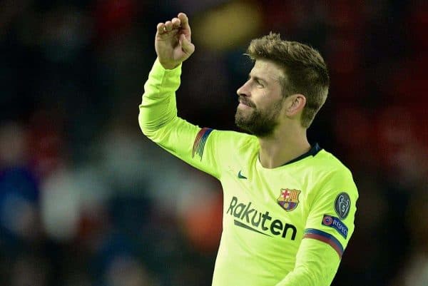 MANCHESTER, ENGLAND - Thursday, April 11, 2019: Barcelona's Gerard Piqué celebrates after the UEFA Champions League Quarter-Final 1st Leg match between Manchester United FC and FC Barcelona at Old Trafford. Barcelona won 1-0. (Pic by David Rawcliffe/Propaganda)