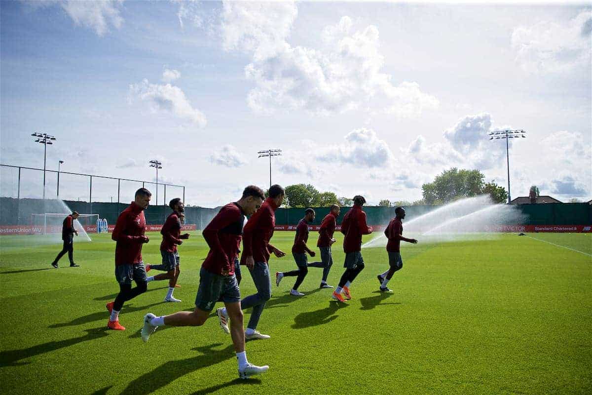 LIVERPOOL, ENGLAND - Monday, May 6, 2019: Liverpool players walk out for a training session at Melwood Training Ground ahead of the UEFA Champions League Semi-Final 2nd Leg match between Liverpool FC and FC Barcelona. (Pic by David Rawcliffe/Propaganda)