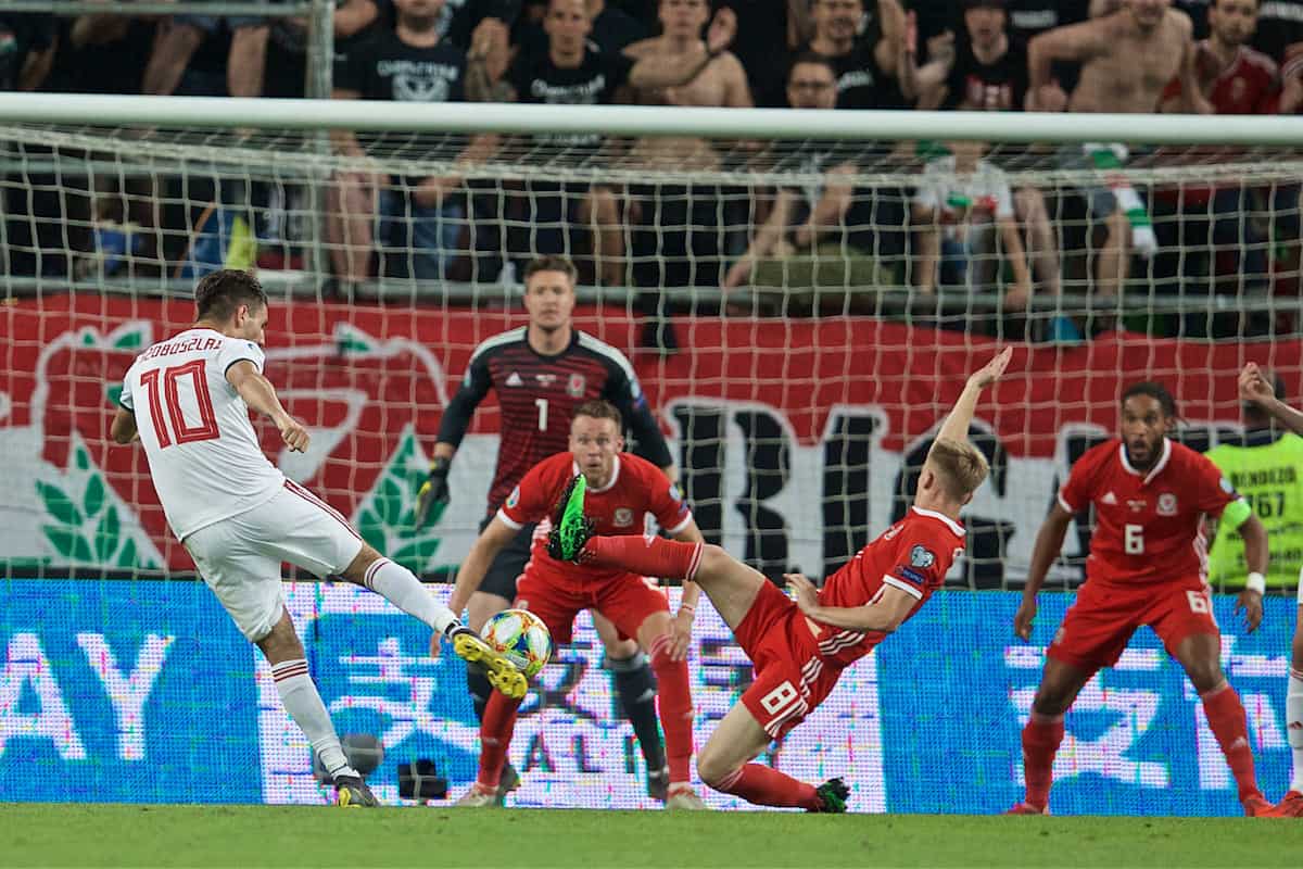 BUDAPEST, HUNGARY - Tuesday, June 11, 2019: Hungary's Dominik Szoboszlai shoots wide during the UEFA Euro 2020 Qualifying Group E match between Hungary and Wales at the Ferencváros Stadion. (Pic by David Rawcliffe/Propaganda)