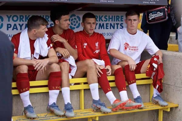 BRADFORD, ENGLAND - Saturday, July 13, 2019: Liverpool substitutes Bobby Duncan, Curtis Jones, Adam Lewis and Ben Woodburn on the bench before a pre-season friendly match between Bradford City AFC and Liverpool FC at Valley Parade. (Pic by David Rawcliffe/Propaganda)