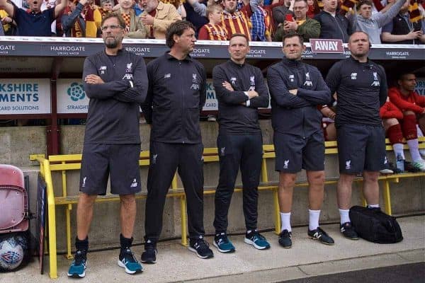 BRADFORD, ENGLAND - Saturday, July 13, 2019: Liverpool's manager Jürgen Klopp with his staff assistant manager Peter Krawietz, first-team development coach Pepijn Lijnders, goalkeeping coach John Achterberg and head of medical services Andrew Massey before a pre-season friendly match between Bradford City AFC and Liverpool FC at Valley Parade. (Pic by David Rawcliffe/Propaganda)