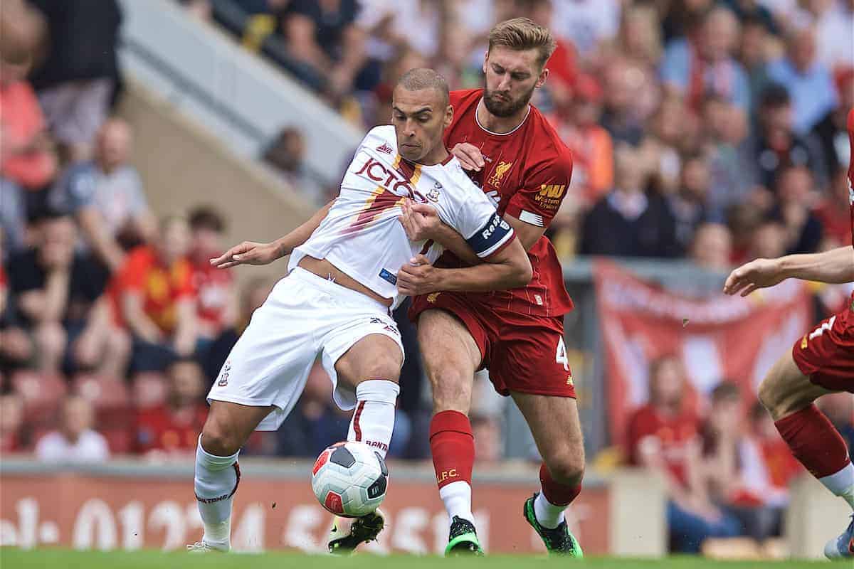 BRADFORD, ENGLAND - Saturday, July 13, 2019: Liverpool's Nathaniel Phillips (R) and Bradford City's James Vaughan during a pre-season friendly match between Bradford City AFC and Liverpool FC at Valley Parade. (Pic by David Rawcliffe/Propaganda)