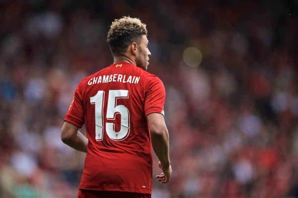 BRADFORD, ENGLAND - Saturday, July 13, 2019: Liverpool's Alex Oxlade-Chamberlain takes over the number 15 shirt from Daniel Sturridge during a pre-season friendly match between Bradford City AFC and Liverpool FC at Valley Parade. (Pic by David Rawcliffe/Propaganda)