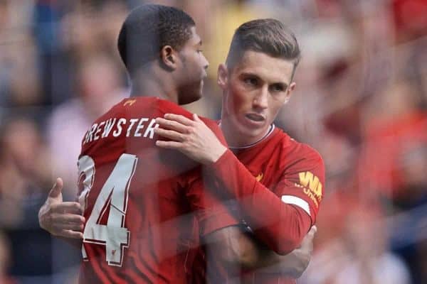 BRADFORD, ENGLAND - Saturday, July 13, 2019: Liverpool's Rhian Brewster (L) celebrates scoring the third goal with team-mate Harry Wilson during a pre-season friendly match between Bradford City AFC and Liverpool FC at Valley Parade. (Pic by David Rawcliffe/Propaganda)