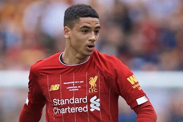 BRADFORD, ENGLAND - Saturday, July 13, 2019: Liverpool's Ki-Jana Hoever during a pre-season friendly match between Bradford City AFC and Liverpool FC at Valley Parade. (Pic by David Rawcliffe/Propaganda)