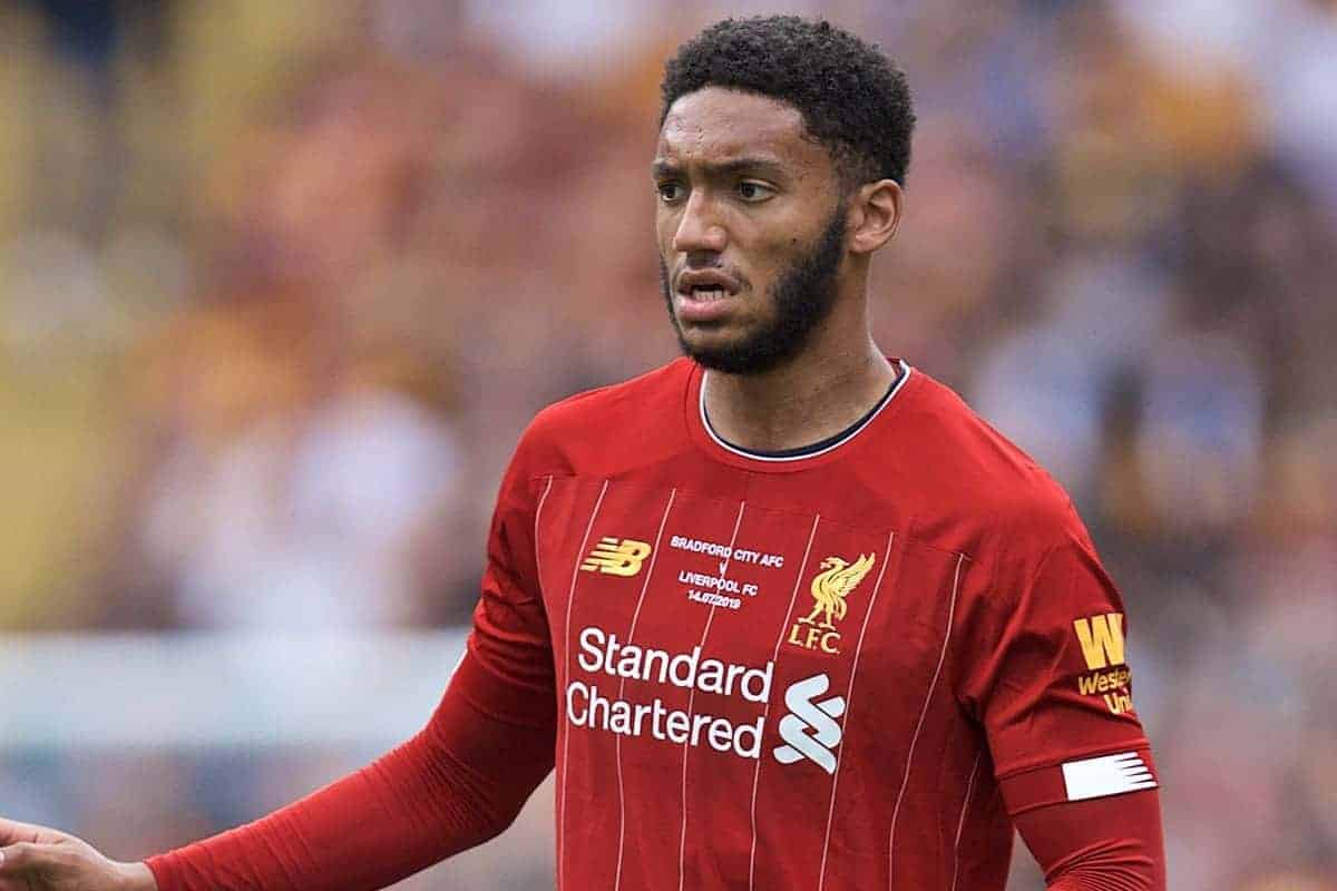 BRADFORD, ENGLAND - Saturday, July 13, 2019: Liverpool's Joe Gomez during a pre-season friendly match between Bradford City AFC and Liverpool FC at Valley Parade. (Pic by David Rawcliffe/Propaganda)