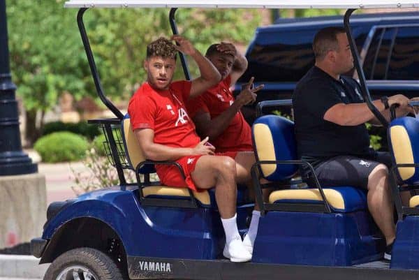 SOUTH BEND, INDIANA, USA - Wednesday, July 17, 2019: Liverpool's Alex Oxlade-Chamberlain (L) and Rhian Brewster leave the team hotel as the squad head for a second training session on day two of the club's pre-season tour of America. (Pic by David Rawcliffe/Propaganda)