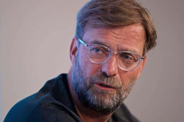 SOUTH BEND, INDIANA, USA - Thursday, July 18, 2019: Liverpool's manager Jürgen Klopp during a press conference ahead of the friendly match against Borussia Dortmund at the Notre Dame Stadium on day three of the club's pre-season tour of America. (Pic by David Rawcliffe/Propaganda)