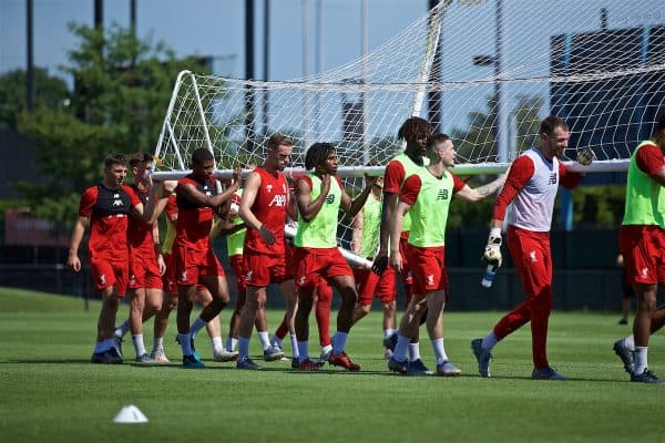 SOUTH BEND, INDIANA, USA - Thursday, July 18, 2019: Liverpool players carry a goal during a training session ahead of the friendly match against Borussia Dortmund at the Notre Dame Stadium on day three of the club's pre-season tour of America. Bobby Duncan, Rhian Brewster, Alex Oxlade-Chamberlain, Yasser Larouci, Divock Origi, Ryan Kent, goalkeeper Andy Lonergan. (Pic by David Rawcliffe/Propaganda)