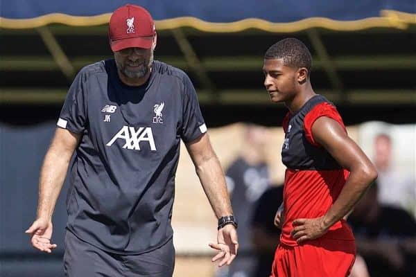 SOUTH BEND, INDIANA, USA - Thursday, July 18, 2019: Liverpool's manager Jürgen Klopp and Rhian Brewster during a training session ahead of the friendly match against Borussia Dortmund at the Notre Dame Stadium on day three of the club's pre-season tour of America. (Pic by David Rawcliffe/Propaganda)