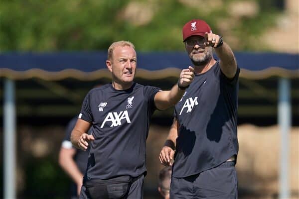 SOUTH BEND, INDIANA, USA - Thursday, July 18, 2019: Liverpool's manager Jürgen Klopp with player liaison officer Ray Haughan (L) during a training session ahead of the friendly match against Borussia Dortmund at the Notre Dame Stadium on day three of the club's pre-season tour of America. (Pic by David Rawcliffe/Propaganda)