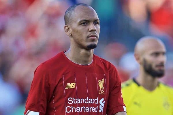 SOUTH BEND, INDIANA, USA - Friday, July 19, 2019: Liverpool's Fabio Henrique Tavares 'Fabinho' walks out with mascots before a friendly match between Liverpool FC and Borussia Dortmund at the Notre Dame Stadium on day four of the club's pre-season tour of America. (Pic by David Rawcliffe/Propaganda)