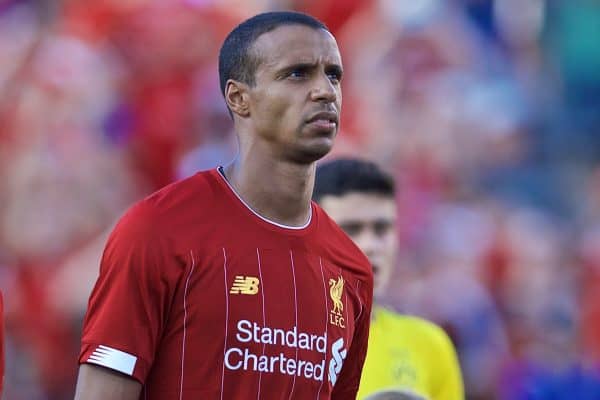 SOUTH BEND, INDIANA, USA - Friday, July 19, 2019: Liverpool's Joe Gomez, Joel Matip and Fabio Henrique Tavares 'Fabinho' walks out with mascots before a friendly match between Liverpool FC and Borussia Dortmund at the Notre Dame Stadium on day four of the club's pre-season tour of America. (Pic by David Rawcliffe/Propaganda)