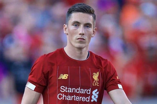 SOUTH BEND, INDIANA, USA - Friday, July 19, 2019: Liverpool's Harry Wilson walks out with mascots before a friendly match between Liverpool FC and Borussia Dortmund at the Notre Dame Stadium on day four of the club's pre-season tour of America. (Pic by David Rawcliffe/Propaganda)