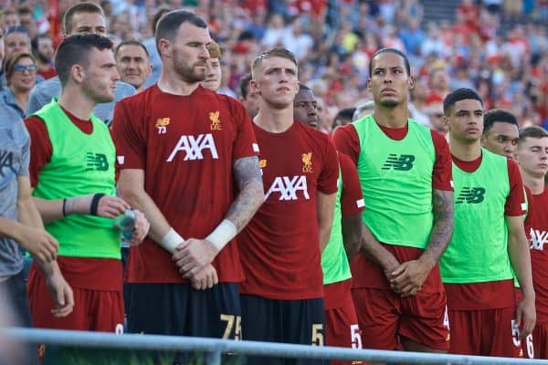 SOUTH BEND, INDIANA, USA - Friday, July 19, 2019: Liverpool's substitutes goalkeeper Andy Lonergan, Daniel Atherton, Georginio Wijnaldum, Virgil van Dijk, Ki-Jana Hoever, Trent Alexander-Arnold, Ben Woodburn, Curtis Jones line-up before a friendly match between Liverpool FC and Borussia Dortmund at the Notre Dame Stadium on day four of the club's pre-season tour of America. (Pic by David Rawcliffe/Propaganda)