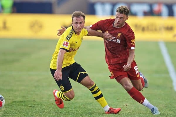 SOUTH BEND, INDIANA, USA - Friday, July 19, 2019: Liverpool's Alex Oxlade-Chamberlain (R) and Borussia Dortmund's Mario Götze during a friendly match between Liverpool FC and Borussia Dortmund at the Notre Dame Stadium on day four of the club's pre-season tour of America. (Pic by David Rawcliffe/Propaganda)