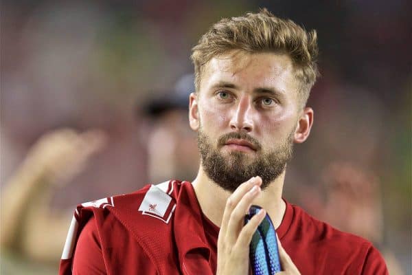 SOUTH BEND, INDIANA, USA - Friday, July 19, 2019: Liverpool's Nathaniel Phillips applauds supporters after a friendly match between Liverpool FC and Borussia Dortmund at the Notre Dame Stadium on day four of the club's pre-season tour of America. Dortmund won 3-2. (Pic by David Rawcliffe/Propaganda)