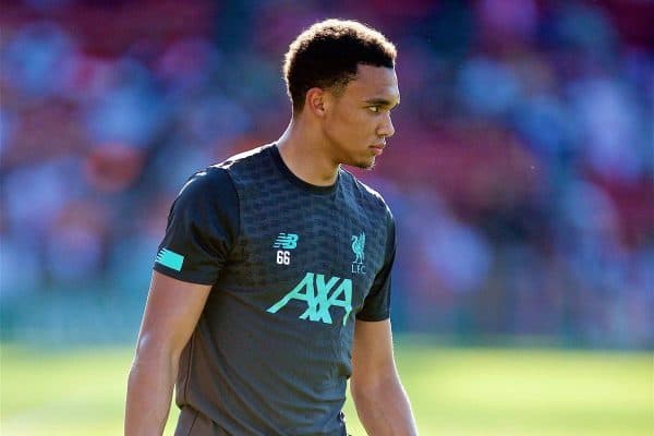 BOSTON, MASSACHUSETTS, USA - Sunday, July 21, 2019: Liverpool's Trent Alexander-Arnold during the pre-match warm-up before a friendly against Sevilla FC at Fenway Park on day six of the club's pre-season tour of America. (Pic by David Rawcliffe/Propaganda)