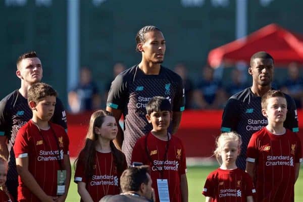 BOSTON, MASSACHUSETTS, USA - Sunday, July 21, 2019: Liverpool's Andy Robertson, Virgil van Dijk and Georginio Wijnaldum before a friendly against Sevilla FC at Fenway Park on day six of the club's pre-season tour of America. (Pic by David Rawcliffe/Propaganda)