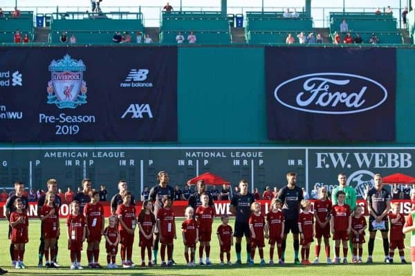 BOSTON, MASSACHUSETTS, USA - Sunday, July 21, 2019: Liverpool players line-up before a friendly against Sevilla FC at Fenway Park on day six of the club's pre-season tour of America. (Pic by David Rawcliffe/Propaganda)
