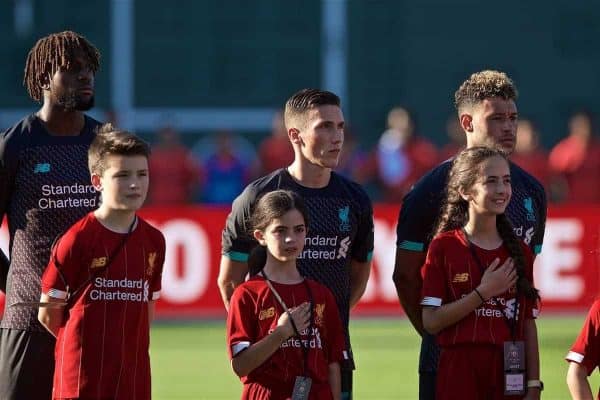 BOSTON, MASSACHUSETTS, USA - Sunday, July 21, 2019: Liverpool's Divock Origi, Harry Wilson and Alex Oxlade-Chamberlain before a friendly against Sevilla FC at Fenway Park on day six of the club's pre-season tour of America. (Pic by David Rawcliffe/Propaganda)