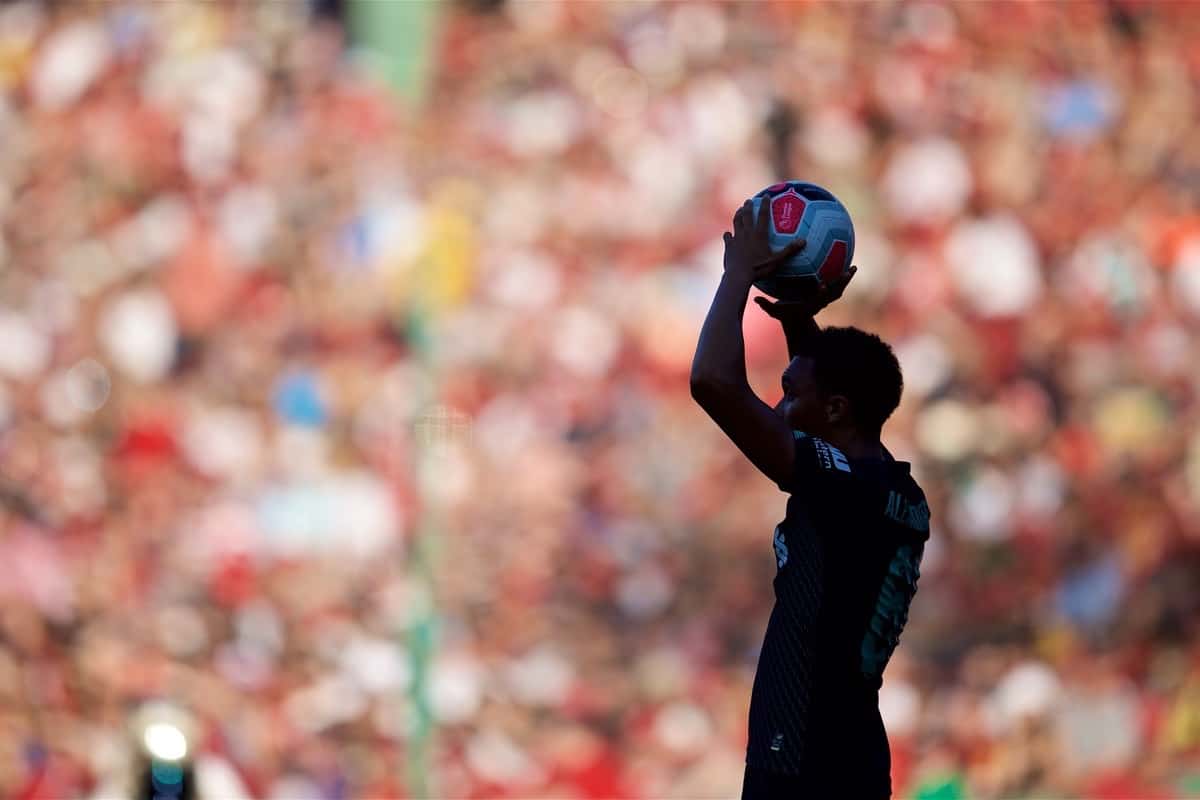 BOSTON, MASSACHUSETTS, USA - Sunday, July 21, 2019: Liverpool's Trent Alexander-Arnold takes a throw-in during a friendly between Liverpool FC and Sevilla FC at Fenway Park on day six of the club's pre-season tour of America. (Pic by David Rawcliffe/Propaganda)