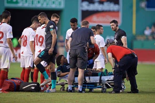 BOSTON, MASSACHUSETTS, USA - Sunday, July 21, 2019: Liverpool's Yasser Larouci is taken off on a stretcher during a friendly between Liverpool FC and Sevilla FC at Fenway Park on day six of the club's pre-season tour of America. (Pic by David Rawcliffe/Propaganda)