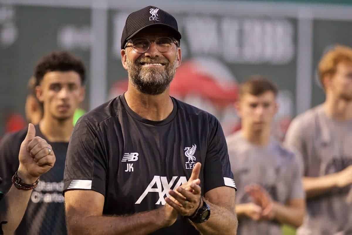 BOSTON, MASSACHUSETTS, USA - Sunday, July 21, 2019: A photographer gets a selfie with Liverpool's manager Jürgen Klopp after a friendly between Liverpool FC and Sevilla FC at Fenway Park on day six of the club's pre-season tour of America. (Pic by David Rawcliffe/Propaganda)