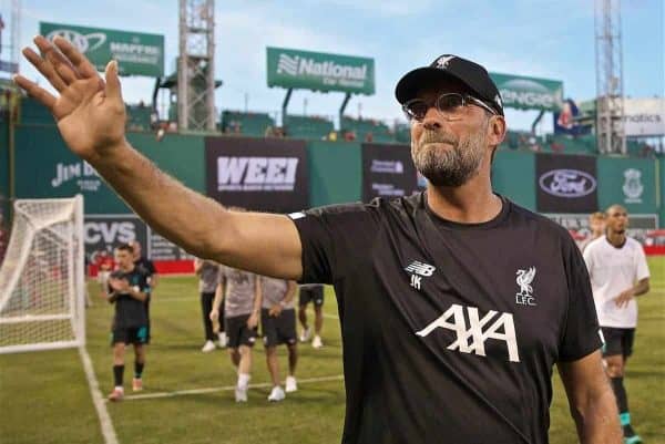 BOSTON, MASSACHUSETTS, USA - Sunday, July 21, 2019: Liverpool manager Jürgen Klopp on a lap of honour to greet the supporters after a friendly between Liverpool FC and Sevilla FC at Fenway Park on day six of the club's pre-season tour of America. (Pic by David Rawcliffe/Propaganda)