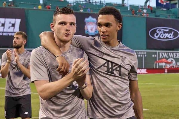 BOSTON, MASSACHUSETTS, USA - Sunday, July 21, 2019: Liverpool's Andy Robertson and Trent Alexander-Arnold after a friendly between Liverpool FC and Sevilla FC at Fenway Park on day six of the club's pre-season tour of America. (Pic by David Rawcliffe/Propaganda)