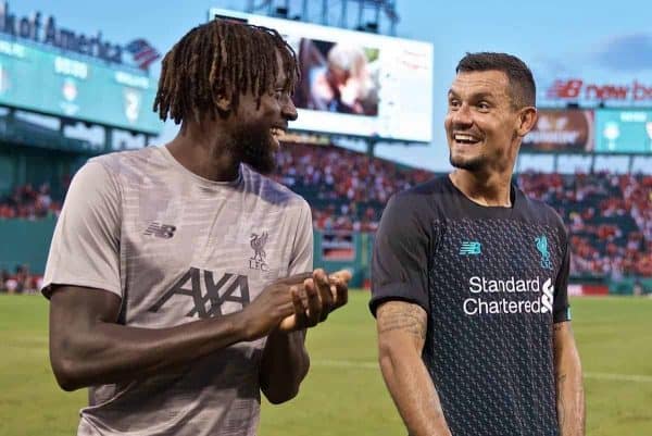 BOSTON, MASSACHUSETTS, USA - Sunday, July 21, 2019: Liverpool's Divock Origi (L) and Dejan Lovren after a friendly between Liverpool FC and Sevilla FC at Fenway Park on day six of the club's pre-season tour of America. (Pic by David Rawcliffe/Propaganda)